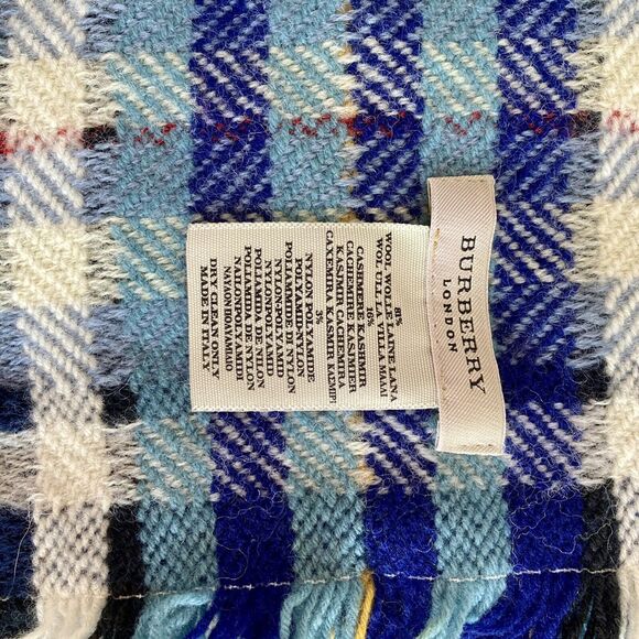 Burberry London Blue Black Plaid Checkered Cashmere Wool Blend Fringe Scarf - Picture 3 of 5